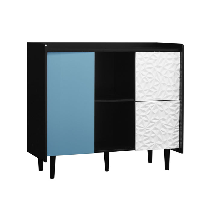 Modern Sideboard Buffet Cabinet With Red Doors And Unique Panel Styling