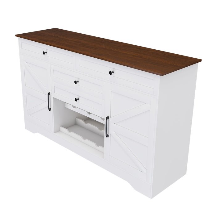 Rustic Farmhouse Kitchen Island With Storage Cabinet, Wood Top Breakfast Bar - White