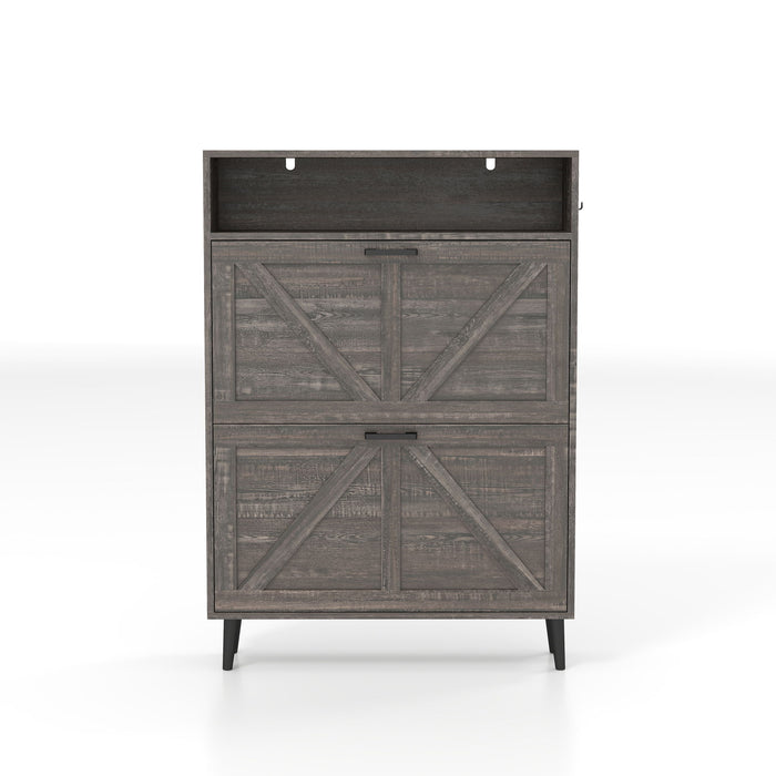 Farmhouse Shoe Storage Cabinet With Barn Door Design, 2 Flip Drawers, Hooks - Dark Oak