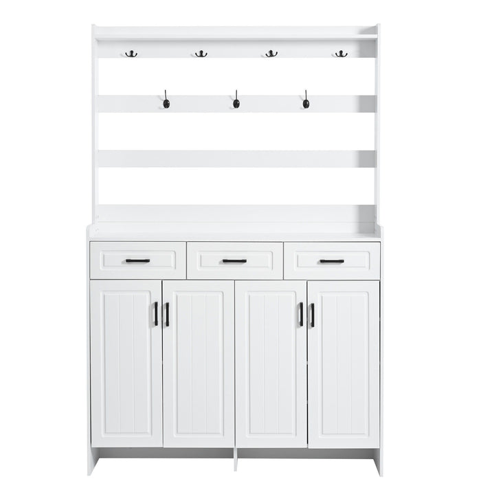 Minimalist 4 Door Shoe Cabinet With Coat Rack, 3 Drawers, 8 Shelves, Metal Hooks And Handles