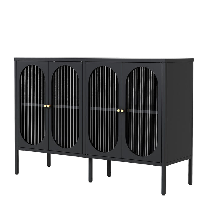 Modern Metal Sideboard Cabinet With 4 Glass Doors, Steel Kitchen Storage And Coffee Bar Cabinet - Black