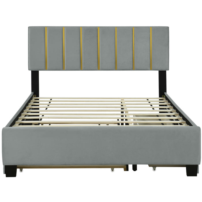 Upholstered Platform Bed With 2 Drawers And 1 Trundle, Classic Strip Headboard Design