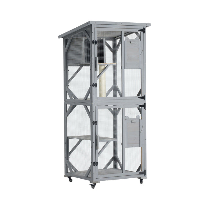 Large Cat House Outdoor Catio Cat Enclosures On Wheels, Kitty House With Upgraded Resting Box Waterproof Roof - Gray