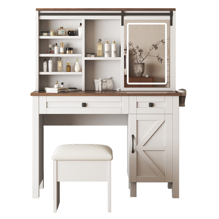 Farmhouse Makeup Vanity Desk With Sliding Mirror, LED Lights, And Storage Glass, Metal, And Wood Construction - White