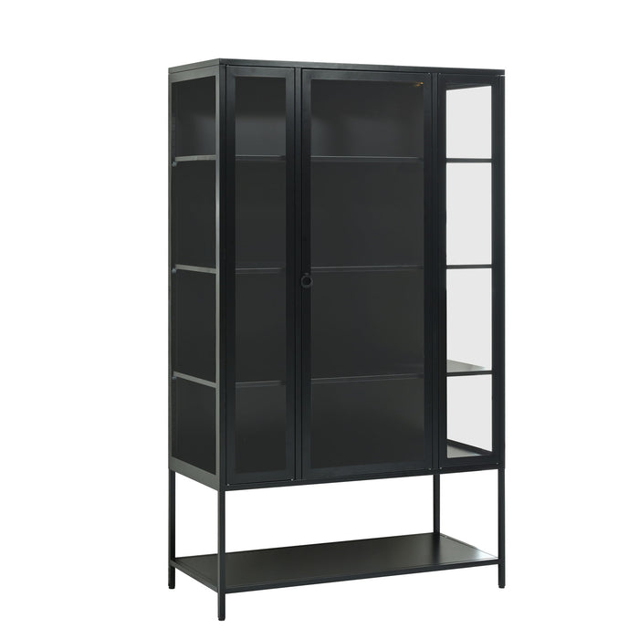 Modern Steel Display Cabinet With LED Lights And Glass Door For Home Or Workspace - Black