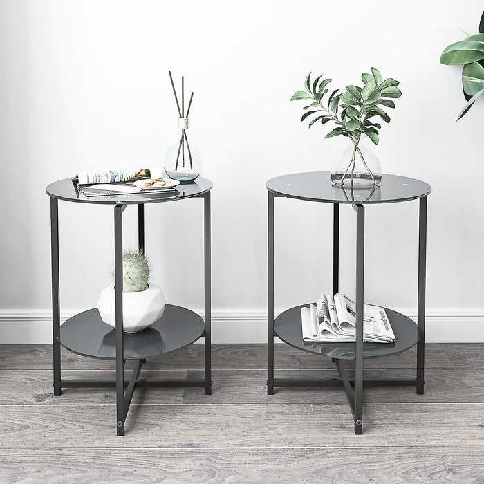 JWS Tempered Glass End Table (Set of 2), Round Coffee Table For Bedroom Living Room Office - Black