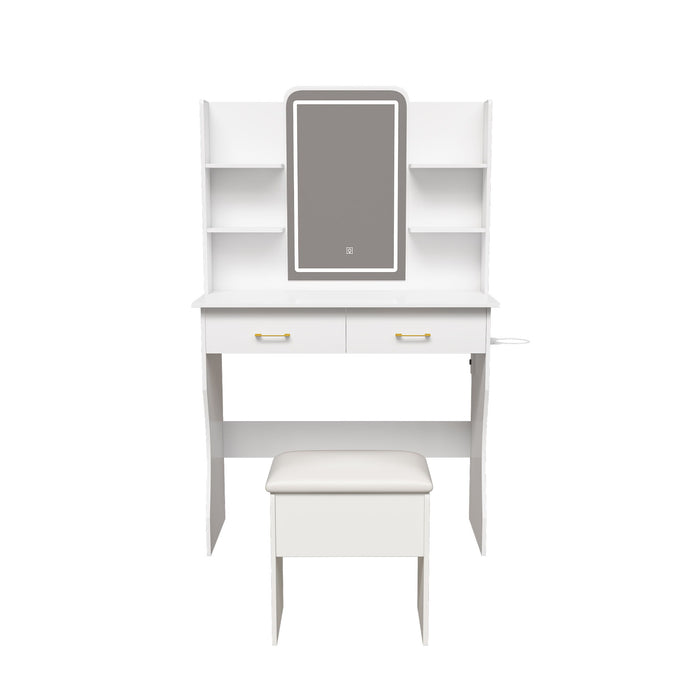 Vanity Desk With LED Lights Mirror, Power Outlet, Storage Drawers & Chair - White