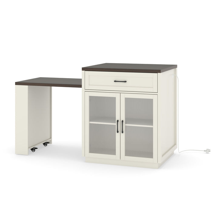 Extendable Kitchen Island With Slide Out Table And Storage Racks For 2 - 6 Person, Power Outlet, Bar, Prep Station - Creamy White / Walnut