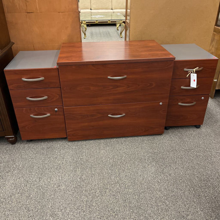 Set of 3 Bush Red & Gray File Cabinets