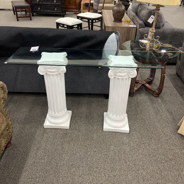 Glass Top Entry Table White Pedestals