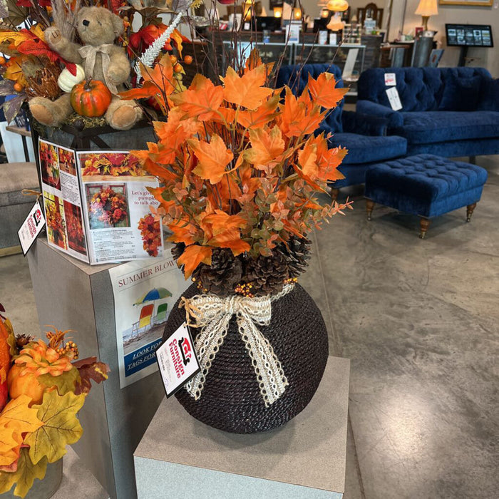 Fall Floral Branch/Pinecone Dark Rattan Vessel