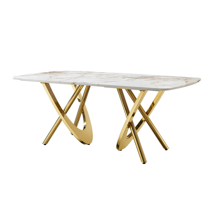 Marble Pattern Dining Table With Stainless Steel Base, Rectangular, Seats 6 Or 8 - Gold