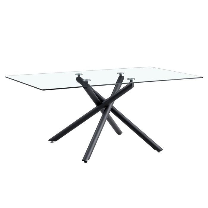 Modern Minimalist Rectangular Glass Dining Table For 6 - 8 With Tempered Glass Top And Metal Legs - Black / Transparent