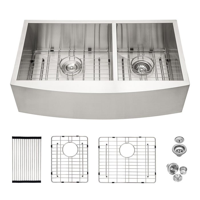 Double Bowl Farmhouse Sink Stainless Steel Undermount Apron Front With 2 9" Deep Basins - Gray