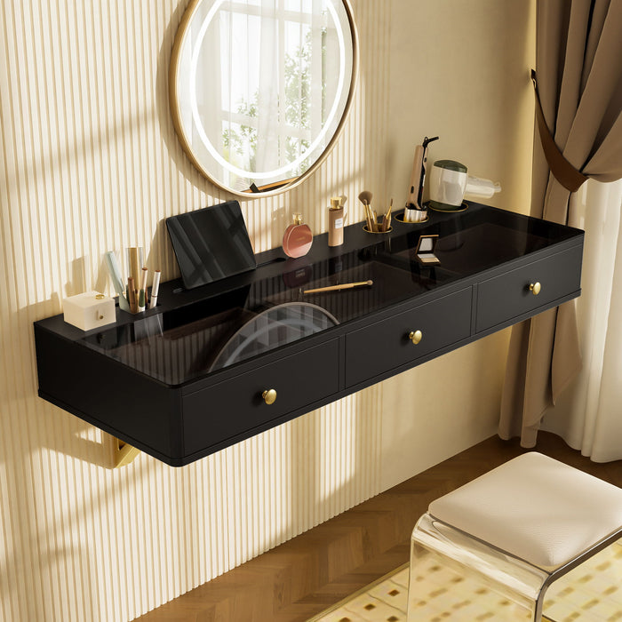 Floating Shelf With Drawer, Multi-Purpose Wall-Mounted Vanity Table, Mounted Desk, Floating Table For Bedroom, Bathroom, Hairdressers - Black / Golden