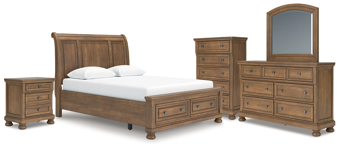 Feddinger Queen Storage Sleigh Bed with Mirrored Dresser, Chest and Nightstand