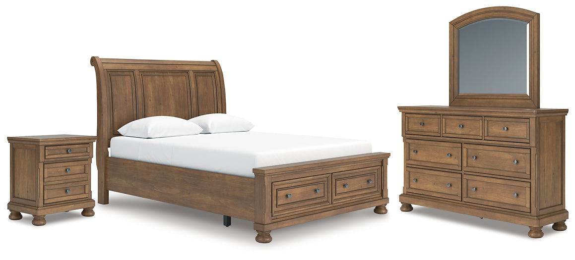 Feddinger Queen Storage Sleigh Bed with Mirrored Dresser and Nightstand