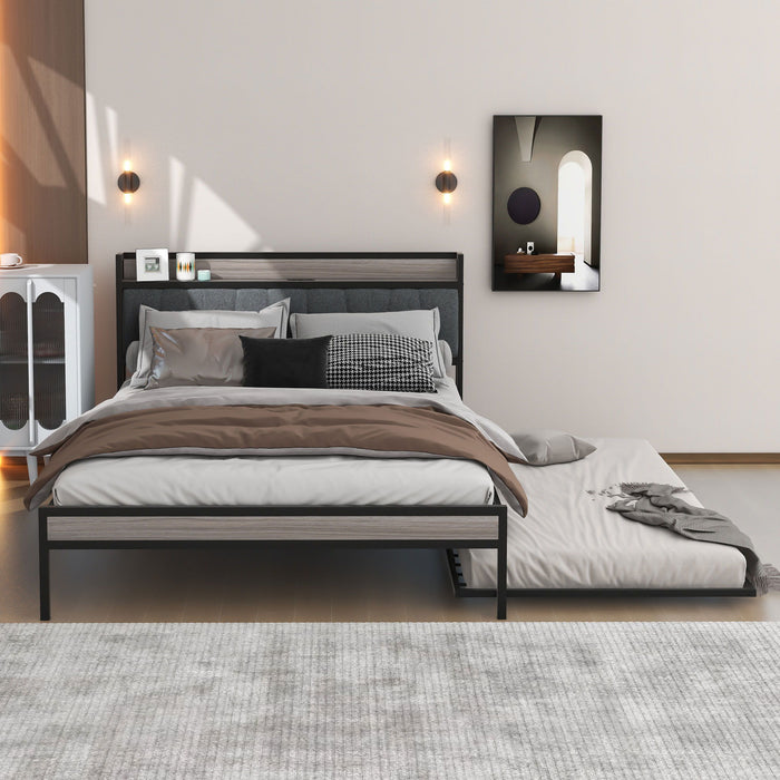 Platform Bed Frame With Trundle, USB Ports And Slat Support, No Box Spring Needed