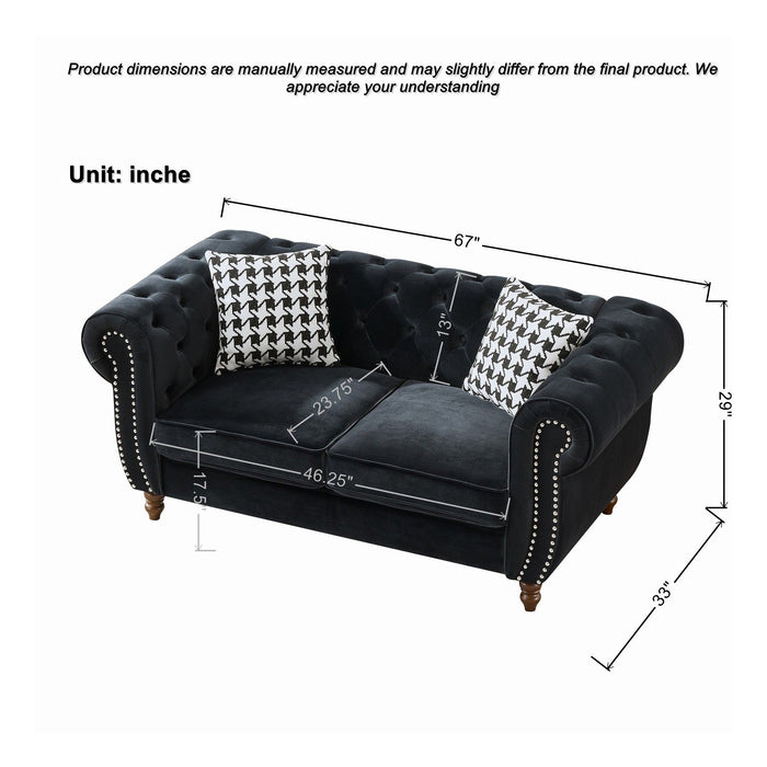 Chesterfield 3 And 2 Seater Velvet Upholstery Sofa With Roll Armrest & Nailhead Fabric Couch