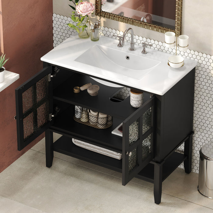 Bathroom Vanity With Ceramic Sink, Adjustable & Open Shelf