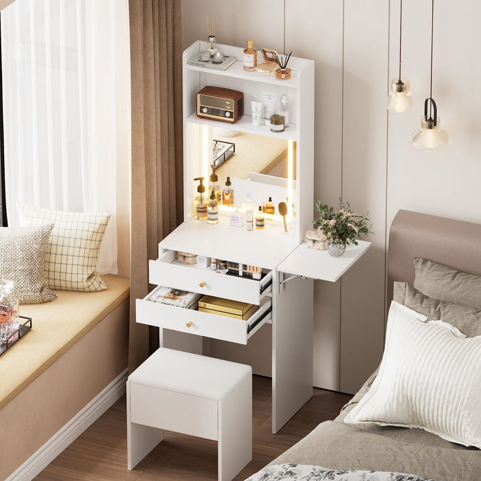 Contemporary Small Space Vanity Table Set With Adjustable Lighted Mirror And Storage Chair - White