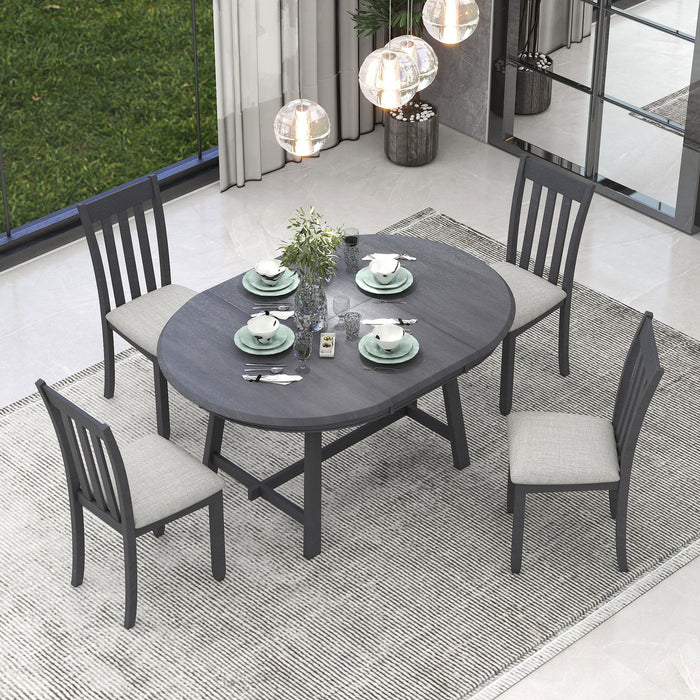5 Piece Wood Dining Table Set With Extendable Round Table And 4 Chairs