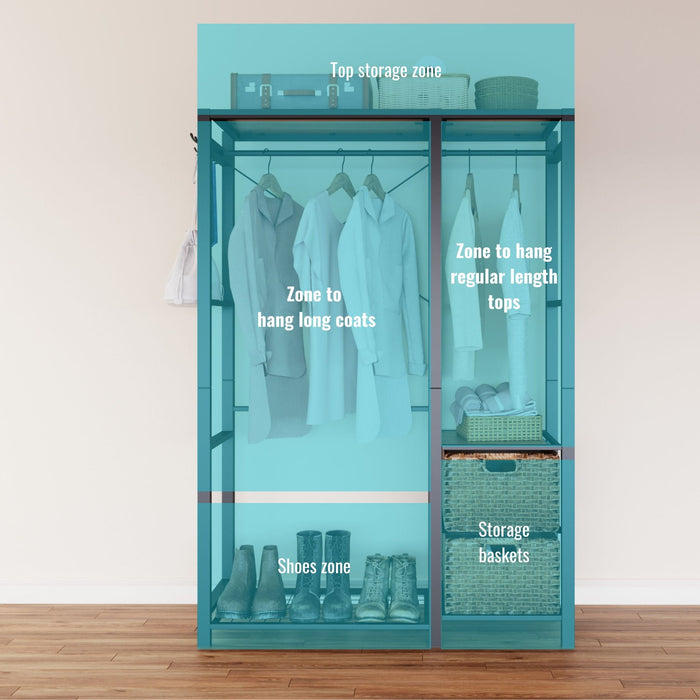 Garment Rack With Shelves, 2 Wicker Drawers, 4 Hooks, Organizer