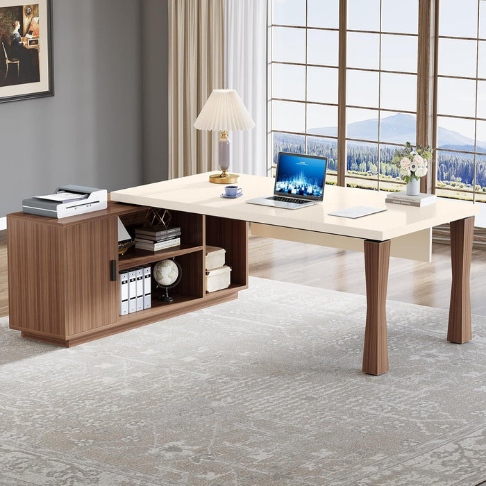 L-Shaped Executive Desk With Storage Cabinet, Home Office Workstation With Shelves - White / Walnut