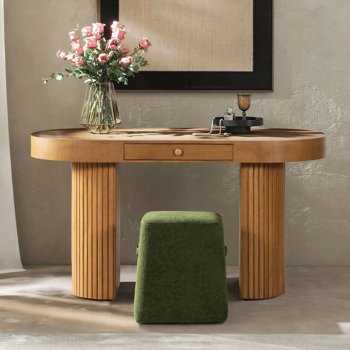 Jesse - Single Drawer Fluted Oval Console Desk - Honey Brown
