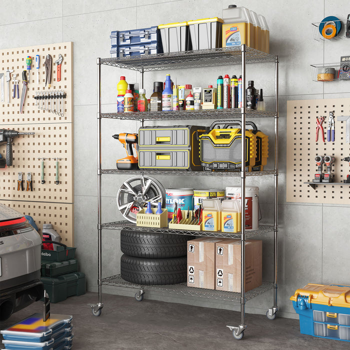 Heavy Duty Adjustable Shelving Unit, 5 Tier Wire Storage Shelves With Wheels - Brushed Nickel