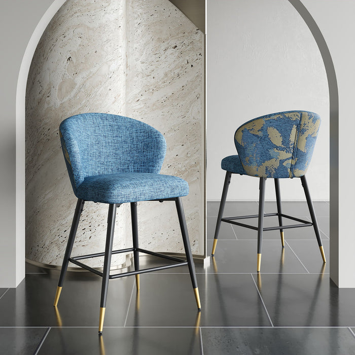 Counter Height Bar Stools (Set of 2), Jacquard Upholstered, Metal Footrest