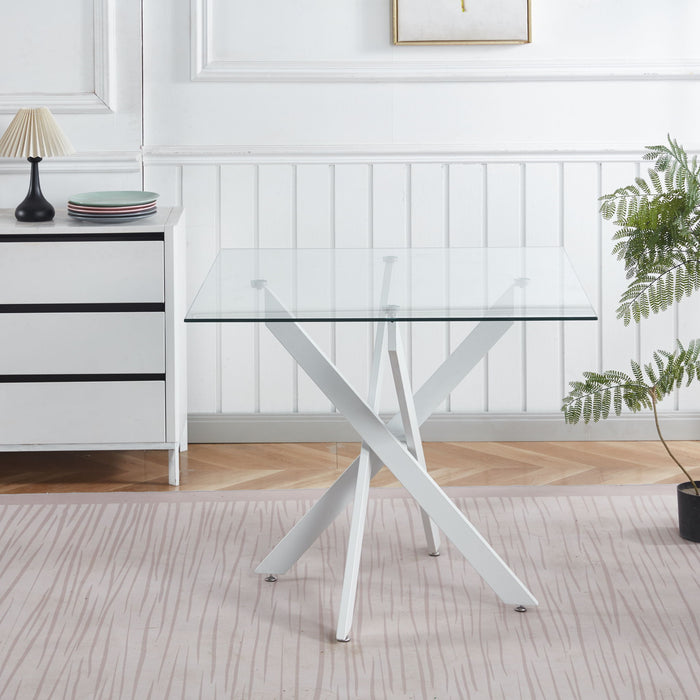 Dining Table With Cross Metal Leg And Tempered Glass, Modern Space Saving Kitchen Table For Living Room Legs, Square Table