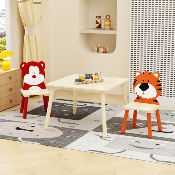 Table And 2 Chairs Set, Activity Play Table Set With Bear & Tiger Design - Natural