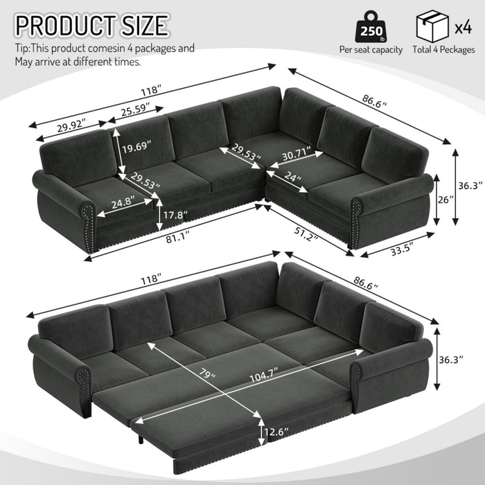 L-Shaped Sofa Couch With Pull Out Bed With Nailhead Trim & Rolled Arm