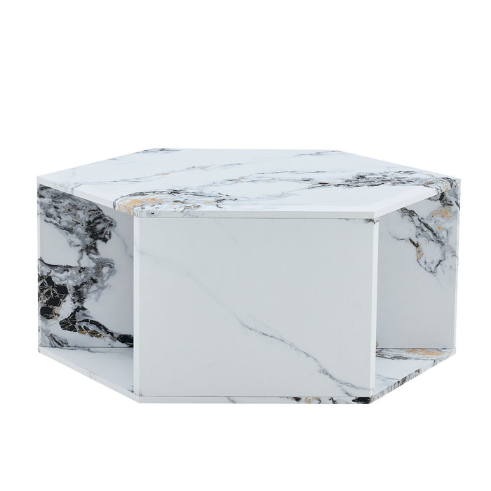 Hexagonal Coffee Table With Characteristic Pattern Stickers And Multi-Hole Design For Extra Storage