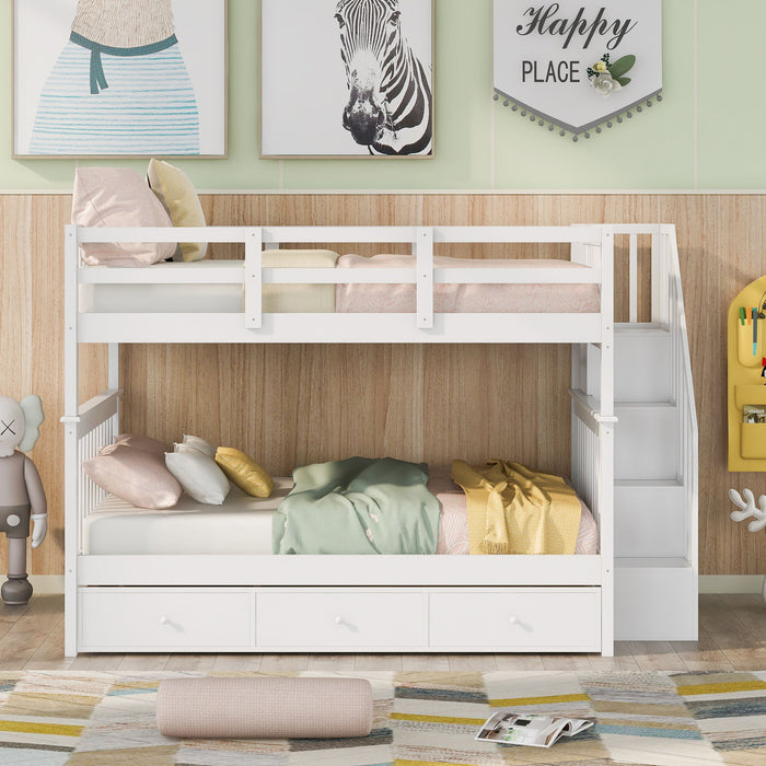 Stairway Bunk Bed With Storage And Guard Rail For Bedroom