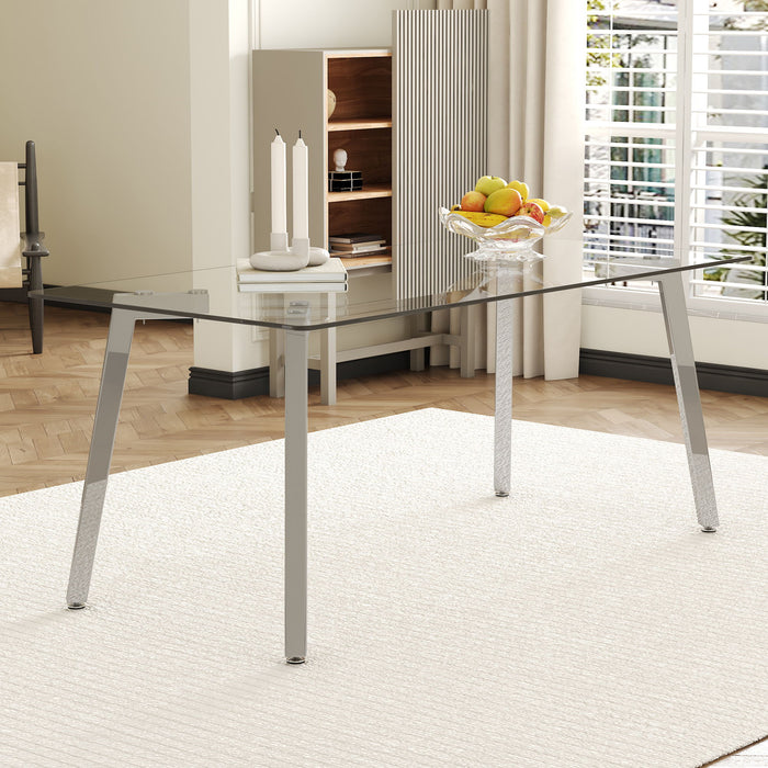 Minimalist Rectangular Dining Table With Transparent Glass Top And Metal Legs