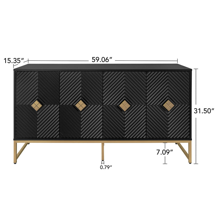 Carved 4 Door Sideboard With Storage, Adjustable Shelf