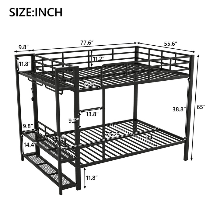 Bunk Bed With Storage Mesh Shelves, Clothes Hooks, LED Light