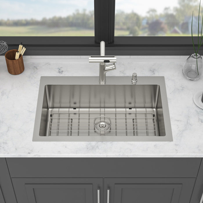 30" Single Bowl Drop In Kitchen Sink With Pull Out Faucet And Soap Dispenser - Brushed Nickel