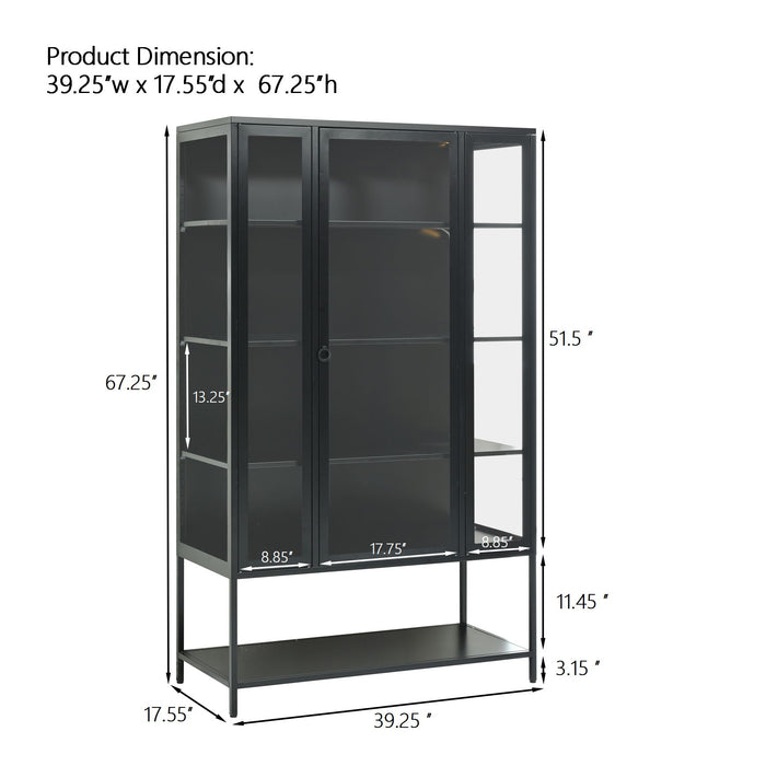 Modern Steel Display Cabinet With LED Lights And Glass Door For Home Or Workspace - Black
