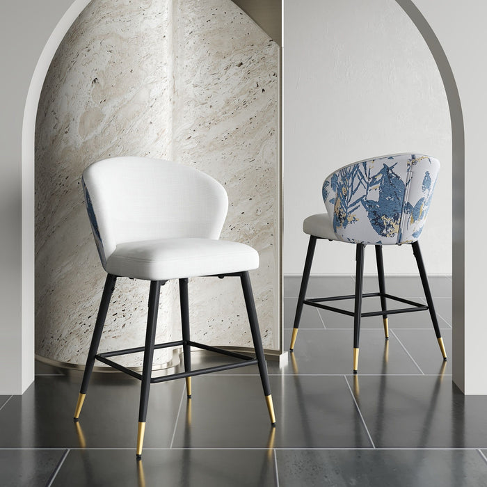 Counter Height Bar Stools (Set of 2), Jacquard Upholstered, Metal Footrest