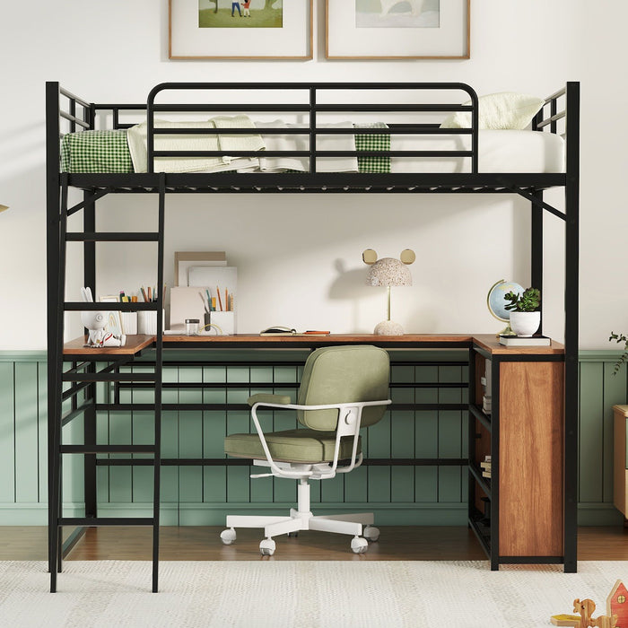 Loft Bed & 3 Layers Of Shelves And L-Shaped Desk