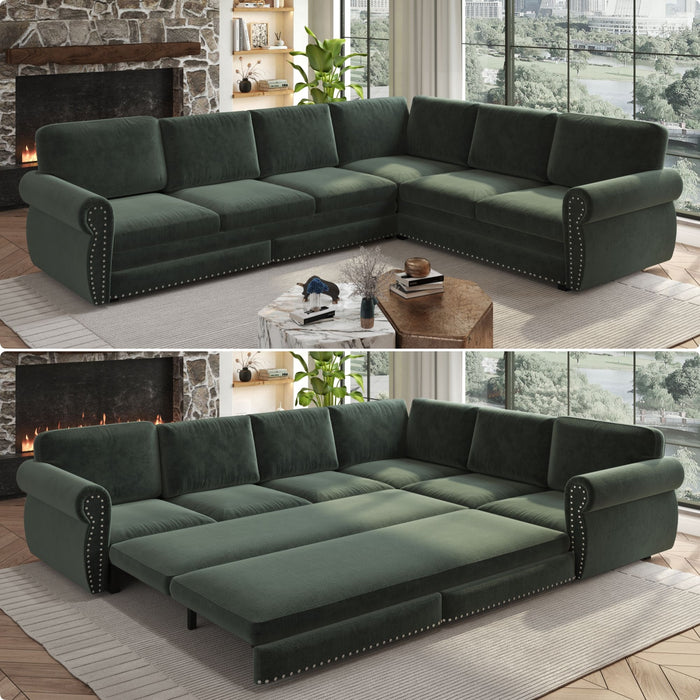 L-Shaped Sofa Couch With Pull Out Bed With Nailhead Trim & Rolled Arm