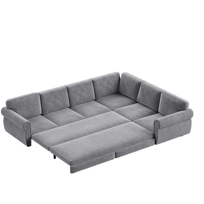 L-Shaped Sofa Couch With Pull Out Bed With Nailhead Trim & Rolled Arm