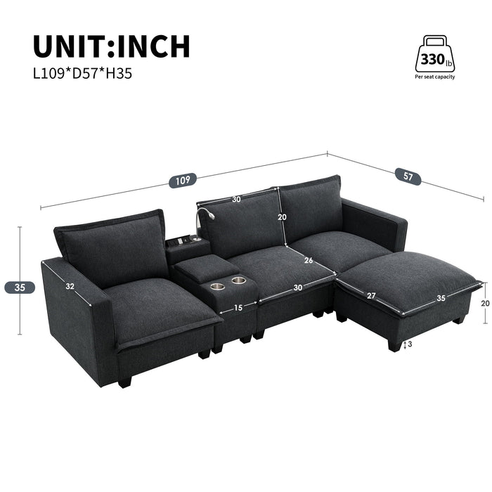 Modern Sectional Cloud Sofa With Console USB Charger Reading Light Cup Holder, Wide Seat 4 Seat Modular Couch Storable Indoor Funiture