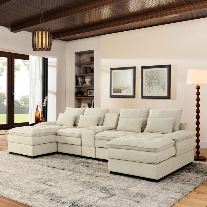 U Shaped Sofa With Console And Cupholders, 6 Seat