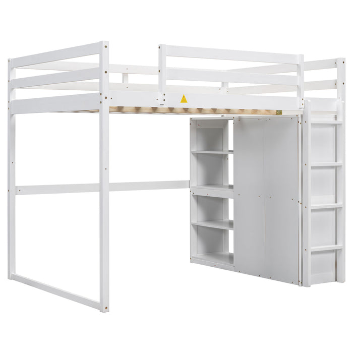 Loft Bed With Built In Wardrobe, Storage Shelves, And LED Light