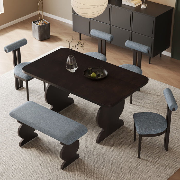 Mid-Century Modern Table Set For 6 Persons With 4 Chairs And Bench, Padded Seats And Backrest