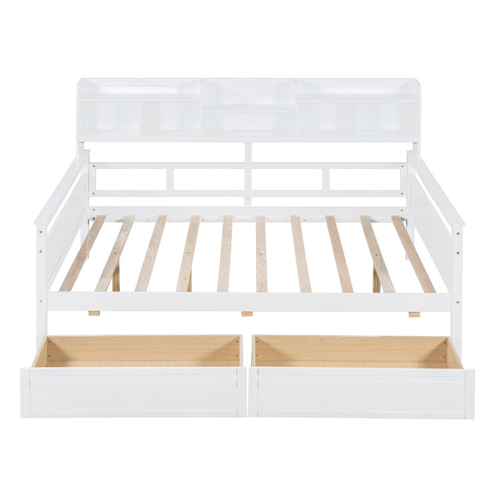 Daybed, Wood Slat Support, With Bedside Shelves And Two Drawers